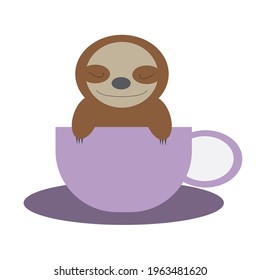 A cup with a sloth hold on a top of a cup. Cute icon, cute animal with pastel colour. This picture can use for icon, coffee shop, animal lover or sloth lovers. This picture can use for business.