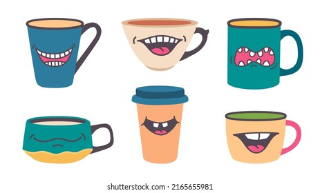 Cup with smile. Doodle mug with smiley mouth emotion, funny tea cup pop art character. Vector cappuccino coffee cute mascot isolated collection. Cup for drink with different expressions