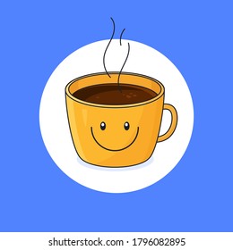 cup with smile emoticon design on the glass mug with full hot coffee vector outline illustration cartoon flat design