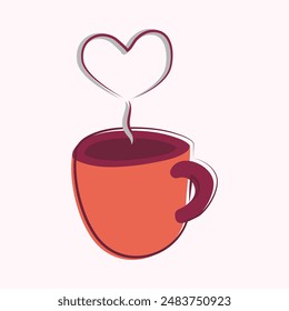 Cup with smoke in shape of heart. Orange mug with your favorite hot drink - coffee or tea. Care from loved one. Houseware, kitchenware. Hand drawn. Color image with outline. Vector illustration