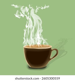 a cup of smoky hot coffee drink on a green background