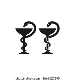 Cup and snake, pharmaceutical symbol black isolated vector icon. Pharmacy, medicine glyph sign.