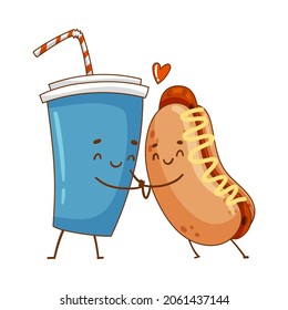 Cup of soda drink and hot dog characters holding by hands. Perfect couple, friends forever cartoon vector illustration