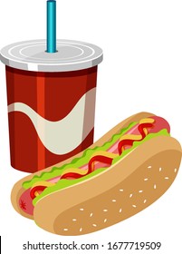 Cup of soda and hotdog on white background illustration