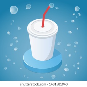 
Cup of soda. On a platform with a red straw. Around ice drawn in 3D. Blue background feeling cool. Can be used as a sticker, banner. Vector illustration isolated.