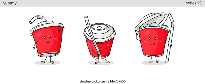 Cup with soda and straw. Set of cute kawaii characters. Funny cartoon fast food icons in different situations. Vector comic style illustration