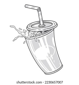 Cup soda takeout vintage monochrome sticker with refreshing splash of lemonade and pipe purchased from fast food restaurant vector illustration