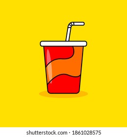 Cup of soda vector illustration with red color isolated on yellow background. Linear color style of soda drink icon