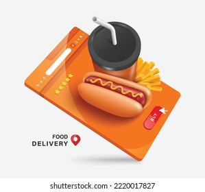Cup for soft drinks,sausages or hot dog,french fries Placed on a web browser that is a web for ordering a delivery,vector 3d isolated on white background for 
fast food delivery advertising design