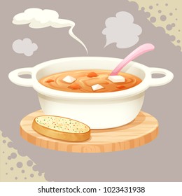 a cup of soup and garlic bread vector