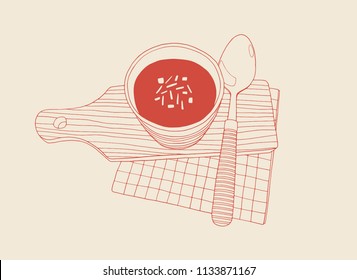 A cup of soup on the cutting board with spoon and paper napkin. Kitchen hand drawn vector contour illustration