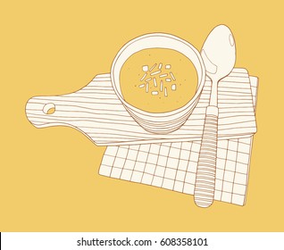 A cup of soup on the cutting board with spoon and paper napkin. Kitchen hand drawn vector outline illustration. Soup of the day cafe concept 