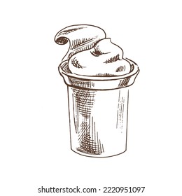 A cup of sour cream, yogurt. Ink sketch isolated on white background. Hand drawn vector illustration. Vintage style stroke drawing.