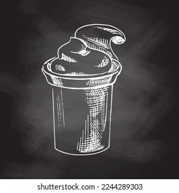 A cup of sour cream, yogurt. Ink chalkboard sketch isolated on white background. Hand drawn vector illustration. Vintage style stroke drawing.