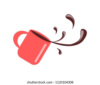 Taza con cierre de café derramado, tazón rojo con bebida que da energía por la mañana, recipiente que se cae aislado en ilustración vectorial