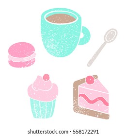 Cup, spoon, cake, macaroon, cupcake, Vector hand drawn objects isolated on white. 