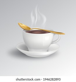 Taza y cuchara con café en un platillo. 
Una bebida caliente al vapor. М. Plantilla para diseño.Ilustración realista 3D.Vector. 