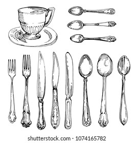 Cup, Spoon, Fork And Knife Kitchen Stuff Silverware Vintage Hand Drawn Collection Vector Illustration Ink Doodle Sketch