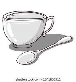 Cup with spoon icon. Vector illustration of a coffee cup with a small coffee spoon. Hand drawn cup, mug of tea with a spoon.