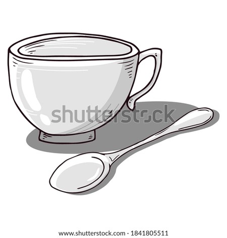 Cup with spoon icon. Vector illustration of a coffee cup with a small coffee spoon. Hand drawn cup, mug of tea with a spoon.