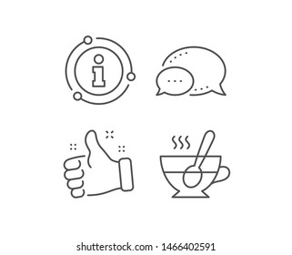Cup with spoon line icon. Chat bubble, info sign elements. Fresh beverage sign. Latte or Coffee symbol. Linear tea cup outline icon. Information bubble. Vector