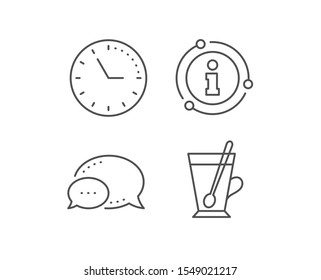 Cup with spoon line icon. Chat bubble, info sign elements. Fresh beverage sign. Latte or Coffee symbol. Linear tea mug outline icon. Information bubble. Vector