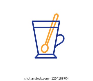 Cup with spoon line icon. Fresh beverage sign. Latte or Coffee symbol. Colorful outline concept. Blue and orange thin line color icon. Tea mug Vector