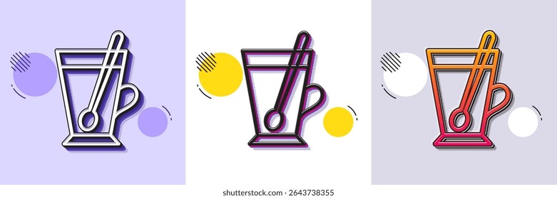 Cup with spoon line icon. Halftone dotted pattern. Gradient icon with grain shadow. Fresh beverage sign. Latte or Coffee symbol. Line tea mug icon. Various designs. Vector