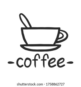 Cup with a spoon on a saucer and the text Coffee. Black outline silhouette icon. Monochrome sketch. Hand drawn vector flat graphic illusion. Isolated object on a white background. Isolate.