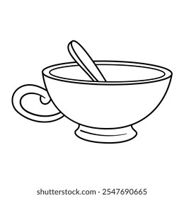 Cup with Spoon Outline Vector Illustration. Black and white vector illustration of a cup with a spoon. The cup features a curved handle and sits on a small base.