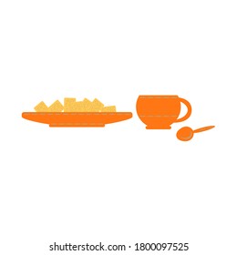 Cup with a spoon and a saucer with cookies. Vector composition template for design. Flat style, two colors