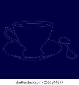 Cup and spoon are shown on a blue background. The cup is empty and the spoon is placed on the side of it. Concept of calmness and simplicity