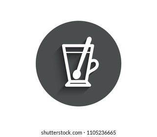 Cup with spoon simple icon. Fresh beverage sign. Latte or Coffee symbol. Circle flat button with shadow. Vector