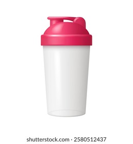 Cup for sports nutrition, gainer or whey shake drink front view. Vector realistic isolated container with lid and copy space. Plastic bottle, mixer for gym fitness, bodybuilding gaining supplement