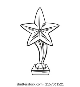Cup star drawn outline vector icon. First place winner, prize, award. Isolated vector icon of trophy first place illustration in retro style.