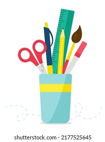 Cup with stationery ruler, pen, pencil, scissors isolated on white. Back to school. Vector illustration