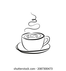 Сoffee cup with steam black abstract linear illustration on white background