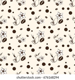 Cup with steam grain coffee flower on a light background. Seamless pattern