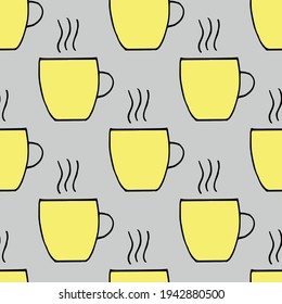 cup and steam seamless pattern. hand drawn doodle style. vector, minimalism, sketch. trendy colors 2021, yellow, grey. wallpaper, textile, wrapping paper, background. hot drink coffee tea menu