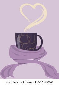 A cup with steam in the shape of a heart wrapped in a scarf.