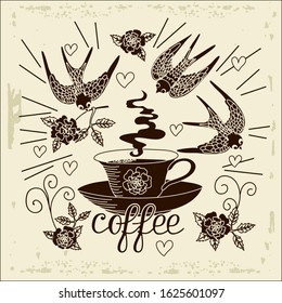 cup with steam surrounded by swallows and roses on a beige background with the inscription Coffee, vector illustration in vintage style on aged background with rays