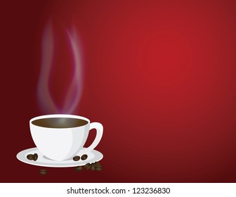 Cup of Steaming Hot Coffee with Steam and Beans on Red Background Illustration Vector