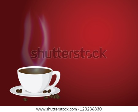 Cup of Steaming Hot Coffee with Steam and Beans on Red Background Illustration Vector