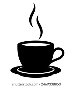 a cup of steaming tea or coffee on a saucer silhouette shape, black and white vector illustration of hot beverage, white background