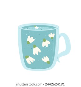 Cup of still flower water isolated on white background. Fresh clean drink. Aqua healthy summer beverage. Stay hydrated. Vector flat illustration.