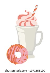 Cup with a straw. A doughnut with pink frosting. Tea, coffee. Outline vector illustration on a white background.