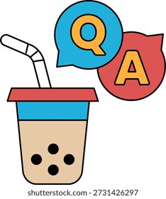A cup with a straw and a question mark on it. The cup is filled with a beverage