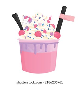 cup of strawberry milk tea topping whit whipped cream cute kawaii illustration