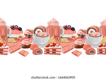 Cup of strawberry milkshake and coffee or cacao with marshmallows, surrounded by different desserts. Vector repeated seamless border