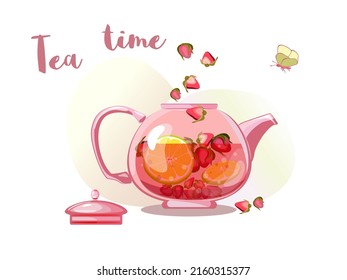 Cup with strawberry orange tea. Time o clock. Tea shop, break, cafe-bar, tea lover, tea party. Beverages concept. Vector illustration for advertising, poster, banner, flyer, for cafe menu.